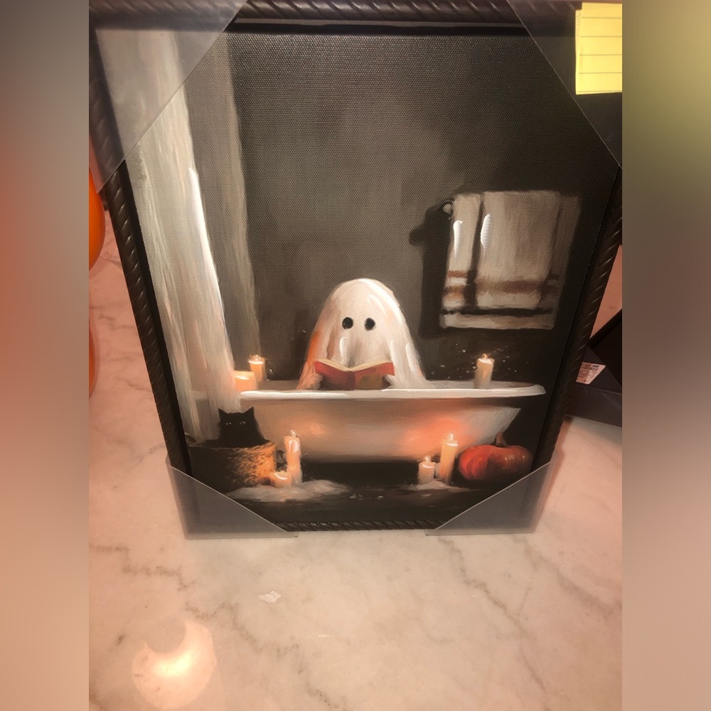 👻 Cute Ghost Reading Book in Bathtub Halloween Decor - black frame